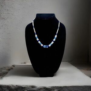 Blue White Ceramic Faux Bone Heishi Necklace Vintage Boho Tribal Style Jewelry